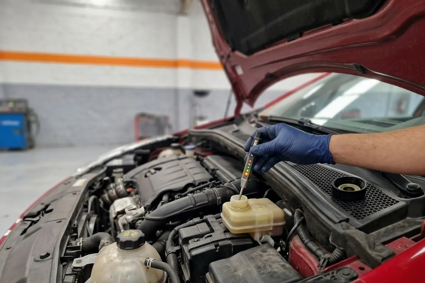 Revisión del líquido de frenos con un probador en el motor de un auto europeo