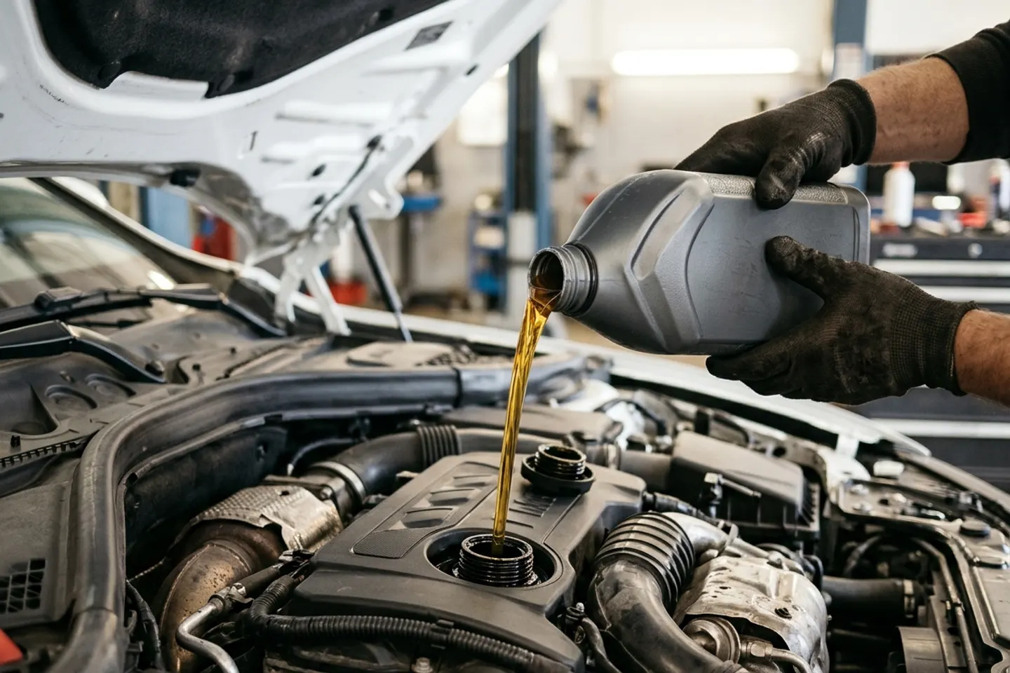 Aceite sintético nuevo vertido en el motor de un auto europeo